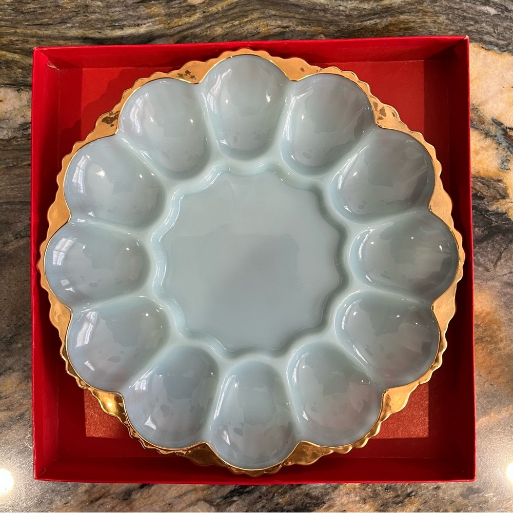 Vintage Anchor Hocking Fire King Delphite Blue Milk Glass Deviled Egg Plate